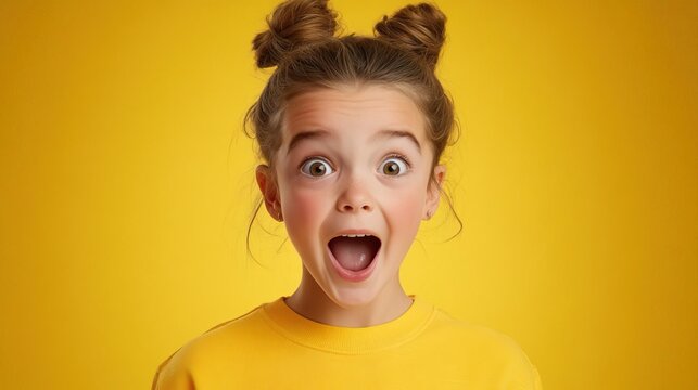 ultra-realistic image of a 6 year old girl, who has a surprised face and makes an oh with her mouth, Nikon D850 and 35 mm lens, yellow background