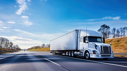 A sleek white truck cruising on a highway under a clear blue sky, symbolizing transport and logistics in action.