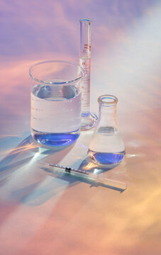 Science Lab Spa Set Happy Beautiful Clouds, Water, streak lighting effect Still with syringe for injectables and cosmetic treatments. 