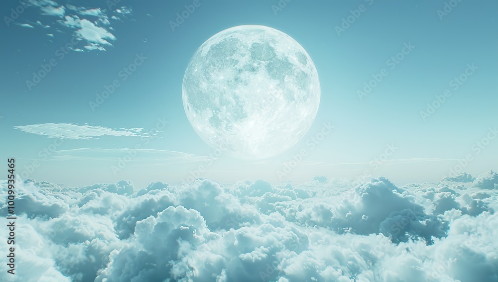 Wall mural a giant white moon in the sky surrounded by clouds with a centered...