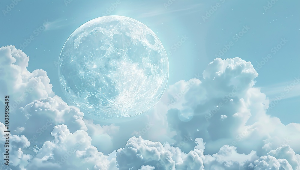 Wall mural a giant white moon in the sky surrounded by clouds with a centered...