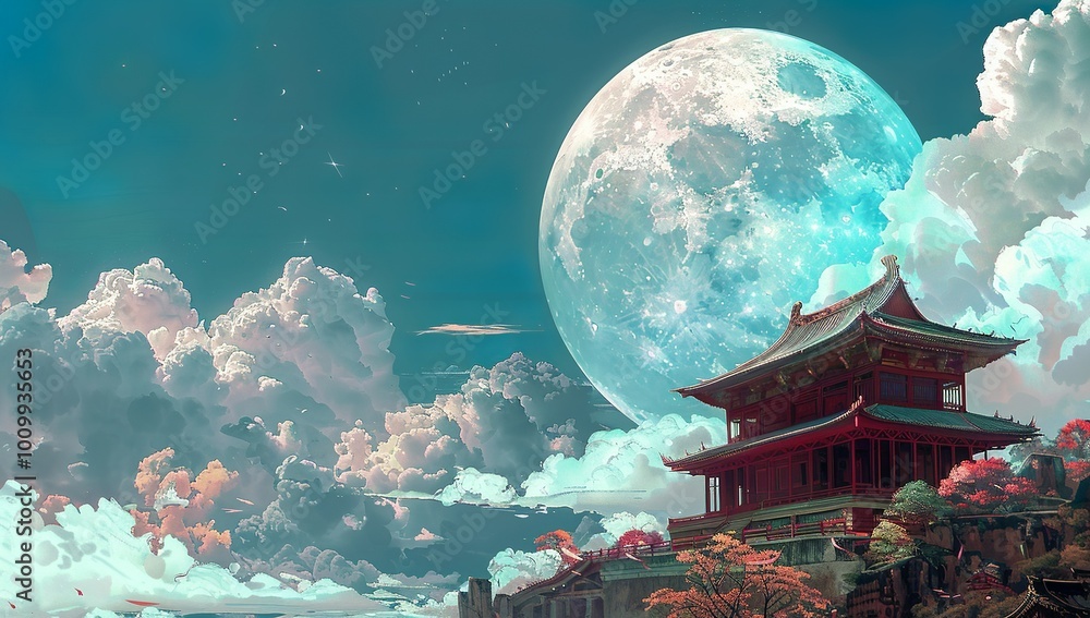 Wall mural a large white cloud floats in the sky, behind which is an oversized round...