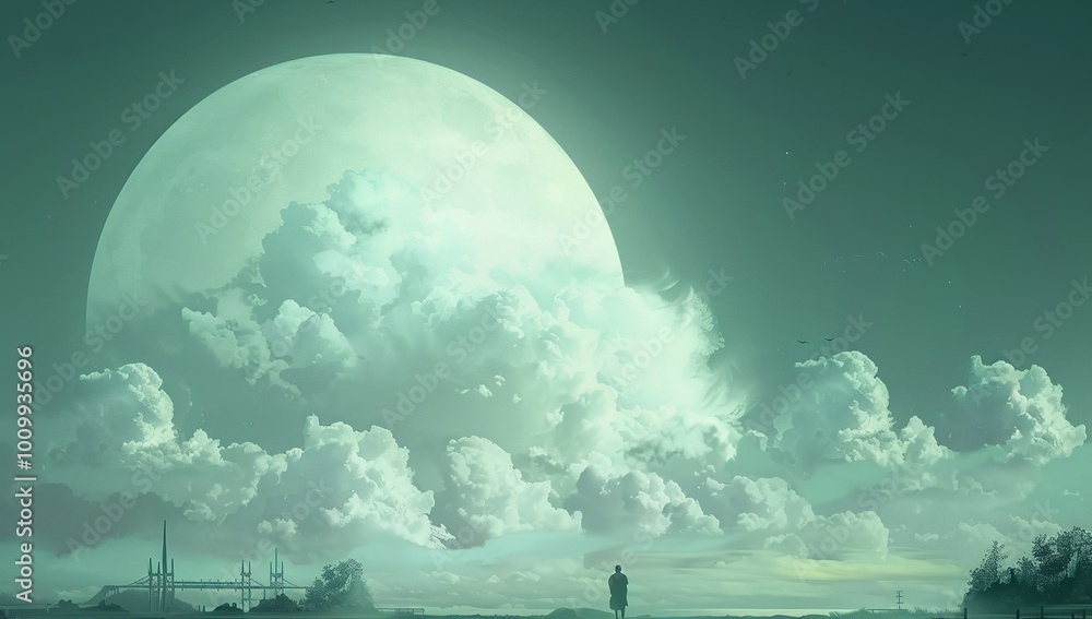 Wall mural a large white cloud floats in the sky, behind which is an oversized round...