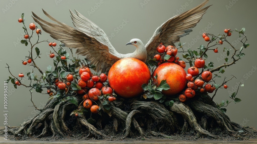 Canvas Prints A sculpture featuring a bird amidst vibrant fruits and foliage.