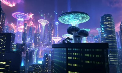 Futuristic Cityscape with Bioluminescent Trees - Powered by Adobe