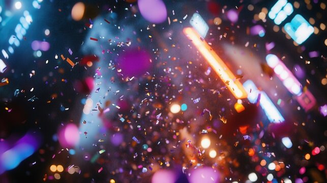 A lively New Year's Eve celebration in Times Square showcases colorful confetti falling amidst bright lights and joyous crowds welcoming the new year
