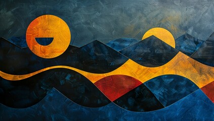 Abstract painting of mountains, sun and moon in the sky, geometric shapes,...