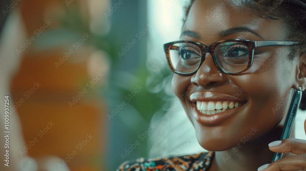 Aufkleber woman using phone for finance and networking in an office setting, smiling while engaging in trading