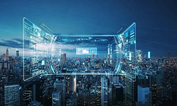 Futuristic Cityscape with Digital Interface