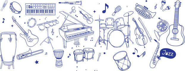 hand drawn black line of music instruments. guitar, saxophone, drum doodle vector set.