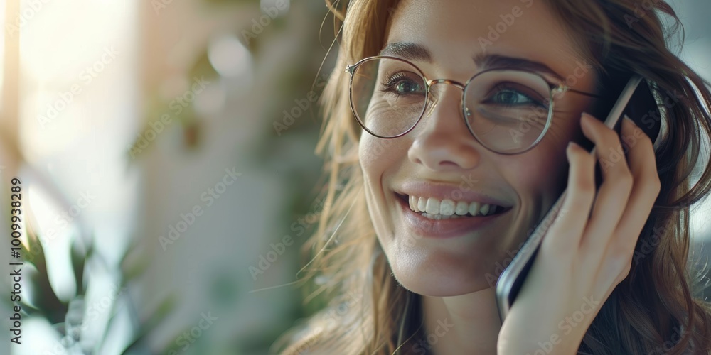 Poster Female remote worker engaged in a phone call while using a laptop for online planning and networking, discussing marketing and client feedback