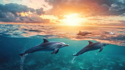 Obraz premium Two dolphins swim in the sunlit ocean beneath cloudy skies