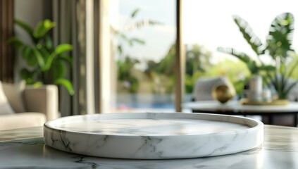 Fototapeta premium Marble round podium on blurred living room background, closeup, mock up for...