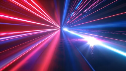 Obraz premium Red and blue lights speed across the background, laser beams, a futuristic...