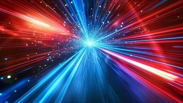 Red and blue lightspeed background with laser beams, motion blur, fast...