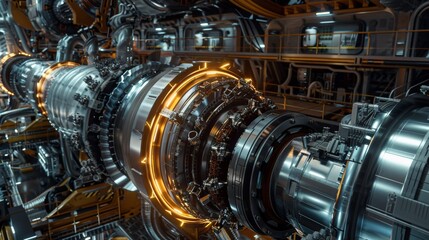 Obraz premium Complex Futuristic Metallic Industrial Turbine Engine Machinery in Abstract 3D