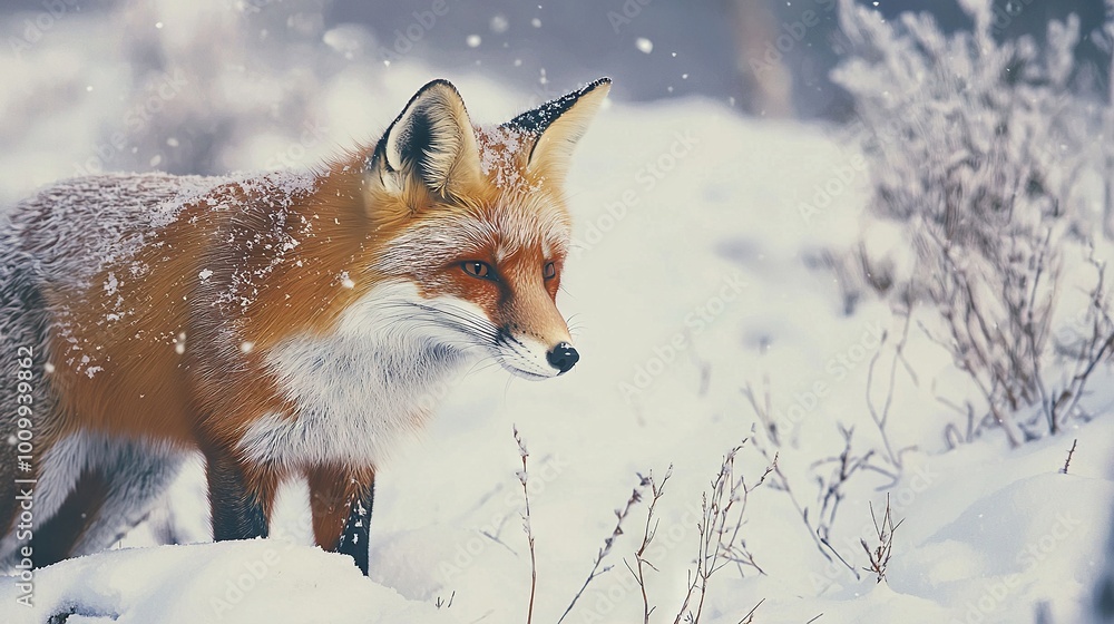 Sticker   A close-up of a fox amidst snow with a bush in the foreground and trees in the background