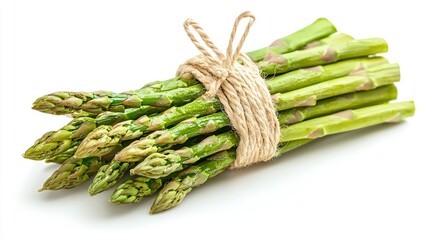   A group of green asparagus tied with twine on a white backdrop with a white dropper