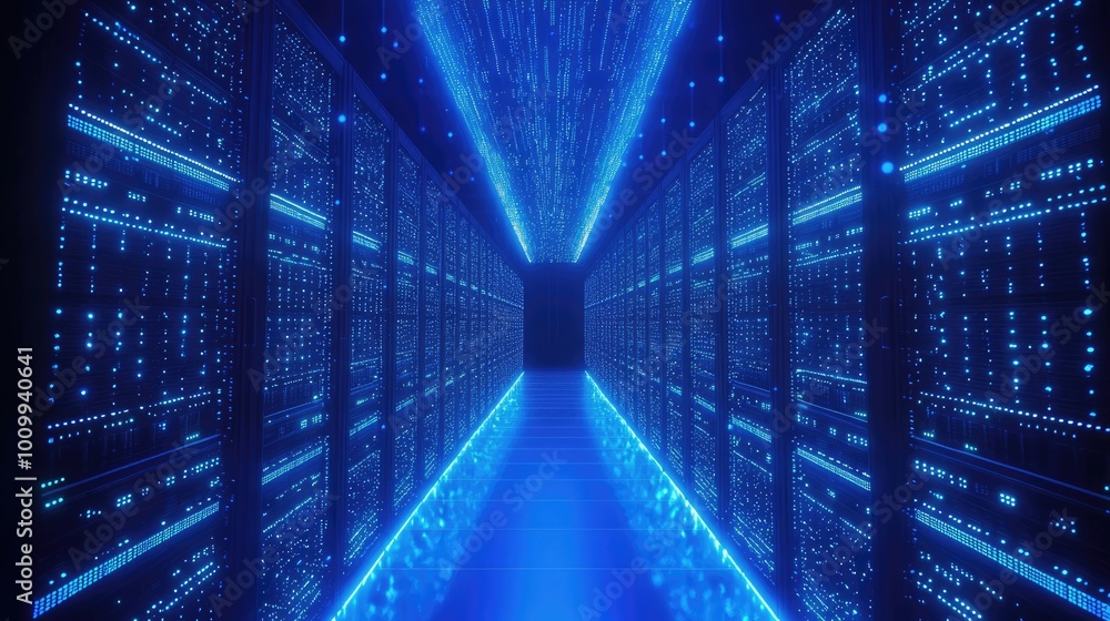 Poster blue-lit server room with rows of glowing data racks.