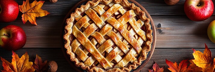 Homemade apple pie on a rustic wooden background with autumn leaves.