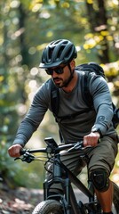 Fototapeta premium Happy cyclist enjoying nature and sustainability while using fitness tracking technology, GPS, and health data in a forest environment