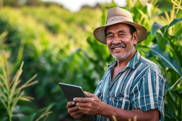 Farmer stands in front of his corn field holding a tablet adult happy agriculture.