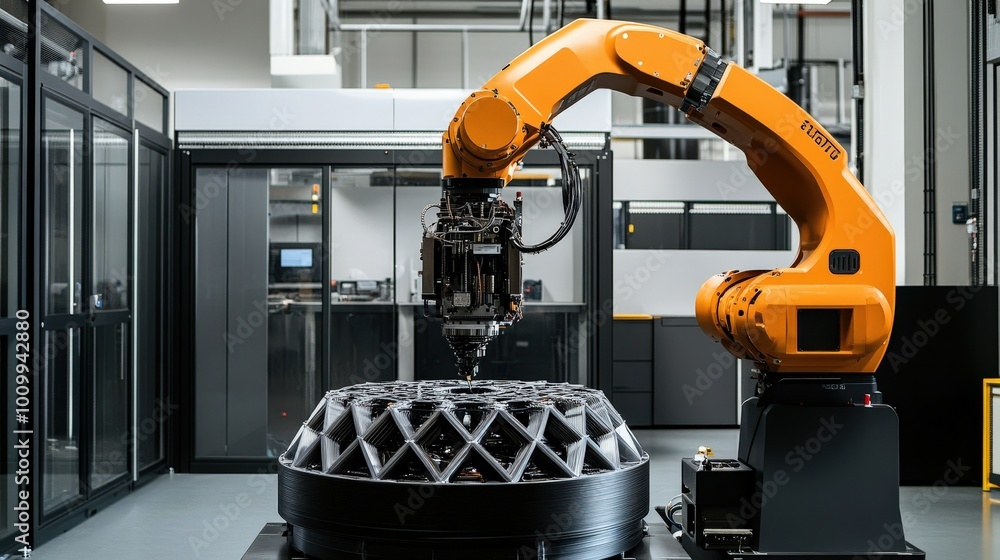 Poster the advanced robotic arm is actively controlling a large-scale printer, showcasing its precision in 
