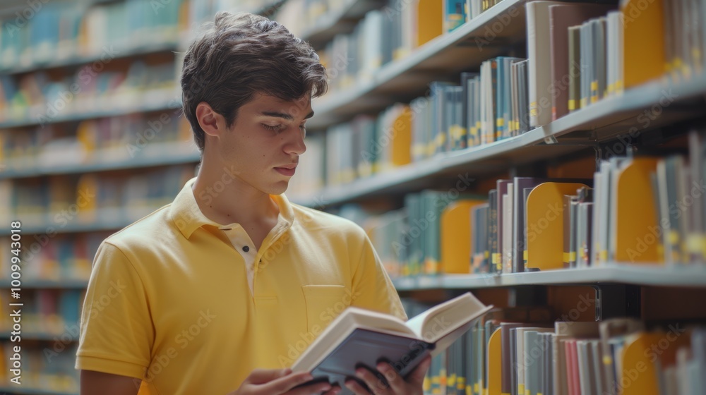 Aufkleber student exploring bookshelf and library for reading materials, information, and knowledge in an acad