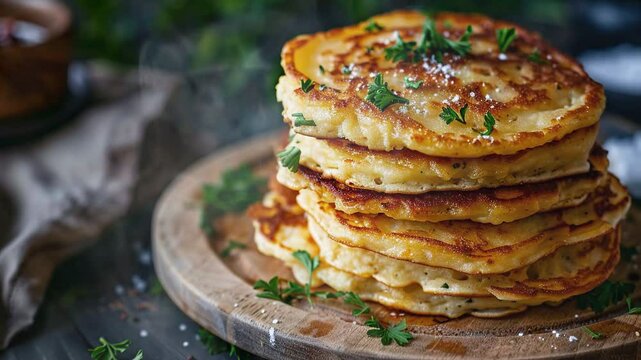 Potato pancakes on the table moves with smoke around