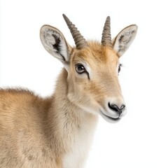 Fototapeta premium captivating close-up features a saiga antelope displaying its unique, bulbous nose and short horns, highlighting the animal's distinct facial features and soft fur.