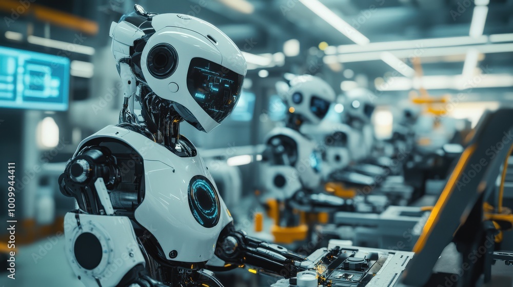Poster in a cutting-edge smart factory, robots are engaged in complex assembly tasks, utilizing advanced te