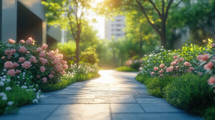 Obraz premium A beautiful garden pathway surrounded by blooming flowers and lush greenery in the morning sunlight, symbolizing nature, relaxation, and scenic landscapes