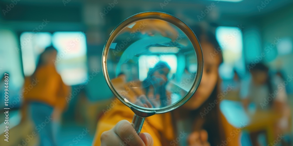 Aufkleber children using a magnifying glass in a classroom setting for learning about technology, science, and
