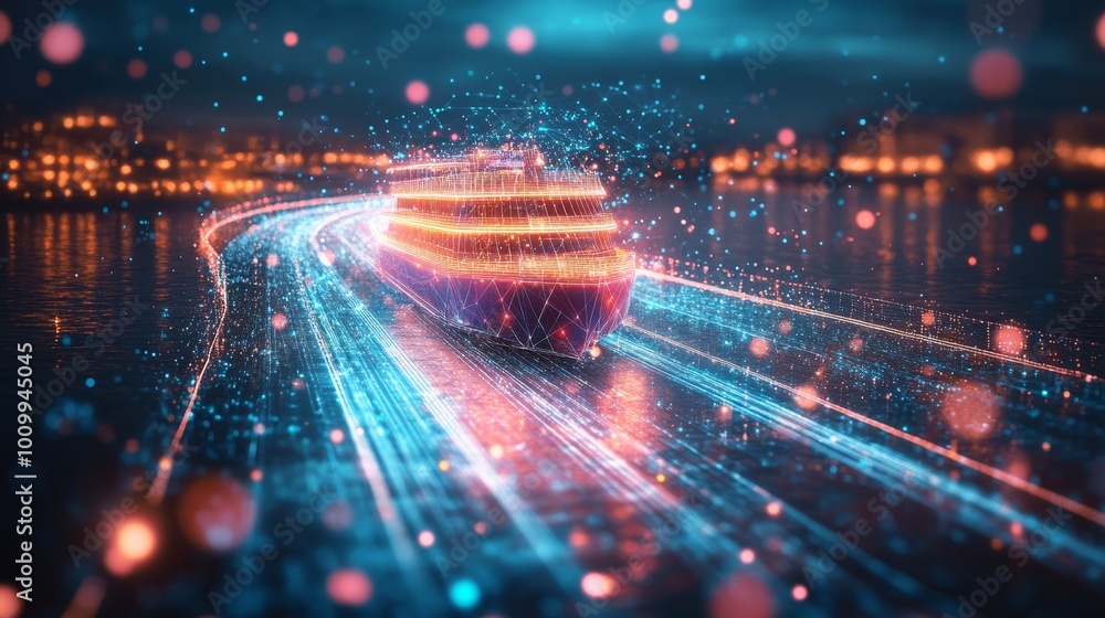 Poster abstract representation of a digital ferry on a blue tech background with connected lines and dots