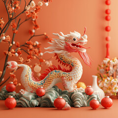 A dragon statue is sitting on a table with red and orange decorations. The dragon is surrounded by many red and orange balls, and there is a vase nearby. Scene is festive and celebratory