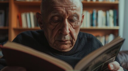 Relaxing at home, an older man enjoys reading, reflecting on knowledge and hobbies during retirement in his living space with literature