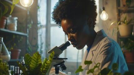 Research on plants and sustainability by a female scientist using a microscope for agricultural analysis and eco-friendly solutions related to food security and growth