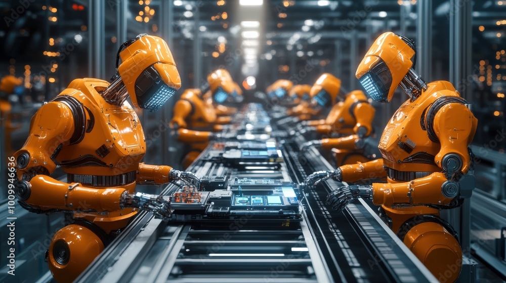 Aufkleber in a high-tech factory, robotic figures assemble intricate electronic components on conveyor belts w