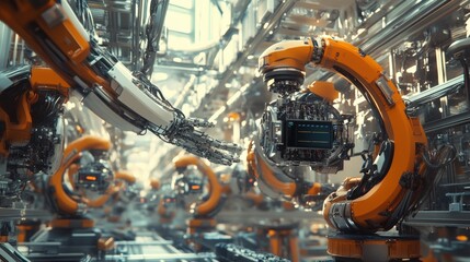 In a sleek, modern factory, AI-enhanced robots work collaboratively to assemble products with precision, highlighting innovation in manufacturing practices