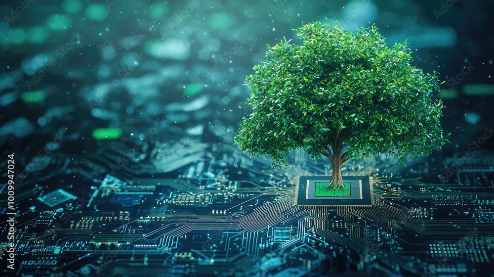 Aufkleber green tree growing from a computer chip on a circuit board