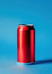 Aluminum red soda can on blue background. Minimalistic concept.