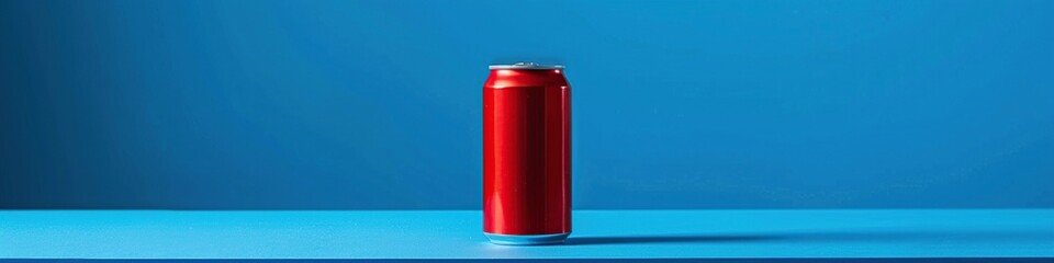 Obraz premium Aluminum red soda can on blue background. Minimalistic concept.