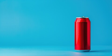 Aluminum red soda can on blue background. Minimalistic concept.