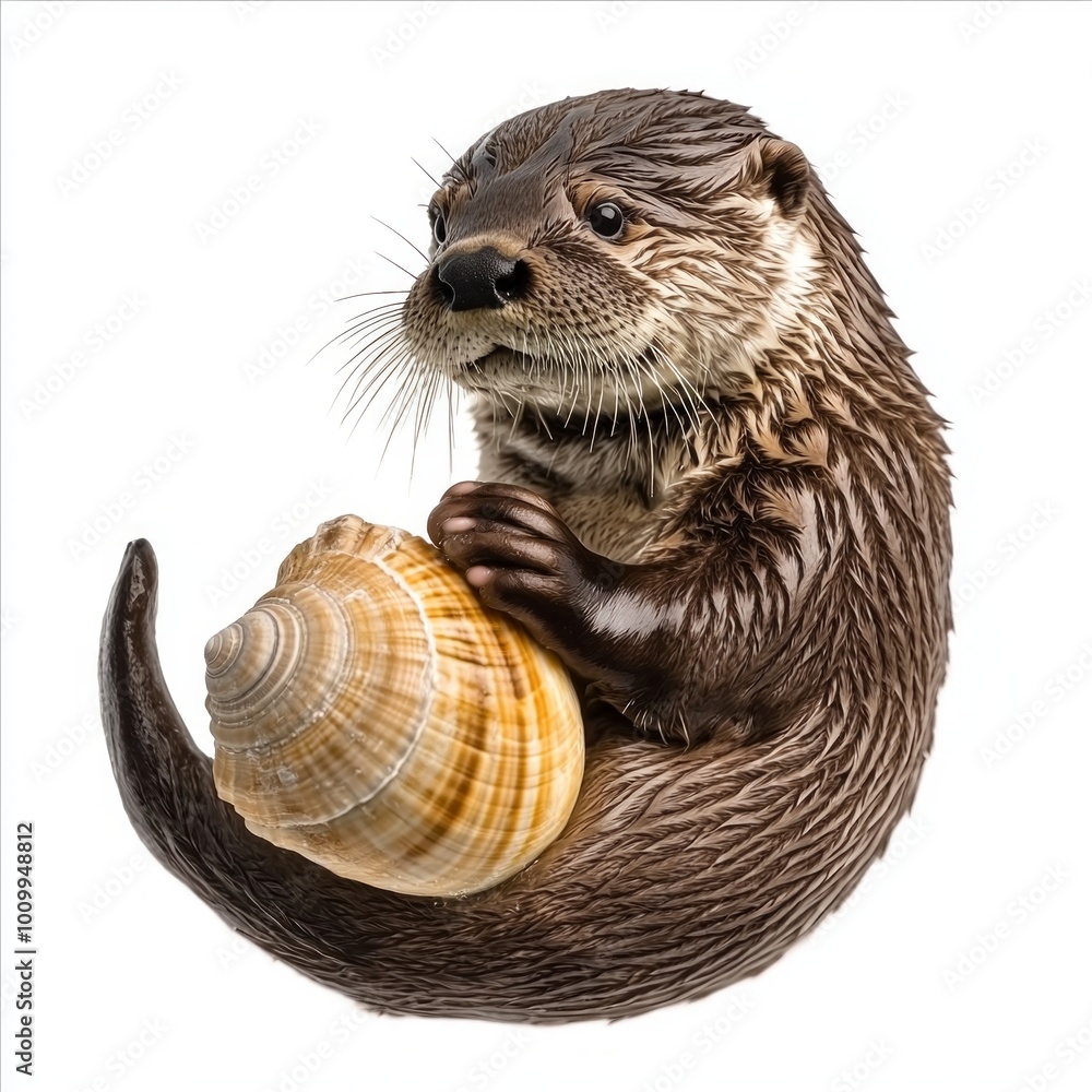Poster playful otter enjoys a moment of tranquility, floating effortlessly on its back while clutching a lo