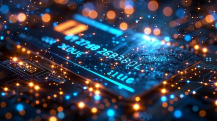 Abstract bank card with neon swoosh with percentage and time icon. Deposit or cash back concept. Digital money, online payment, and credit cards in light blue neon on a technology background. Vector