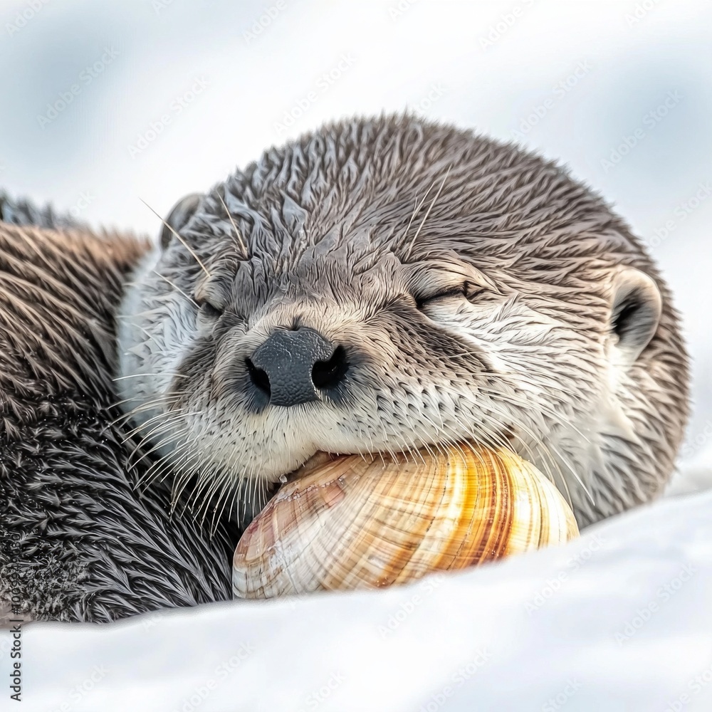 Poster otter relaxes while floating on its back, cradling a shell on its belly. the calm expression highlig
