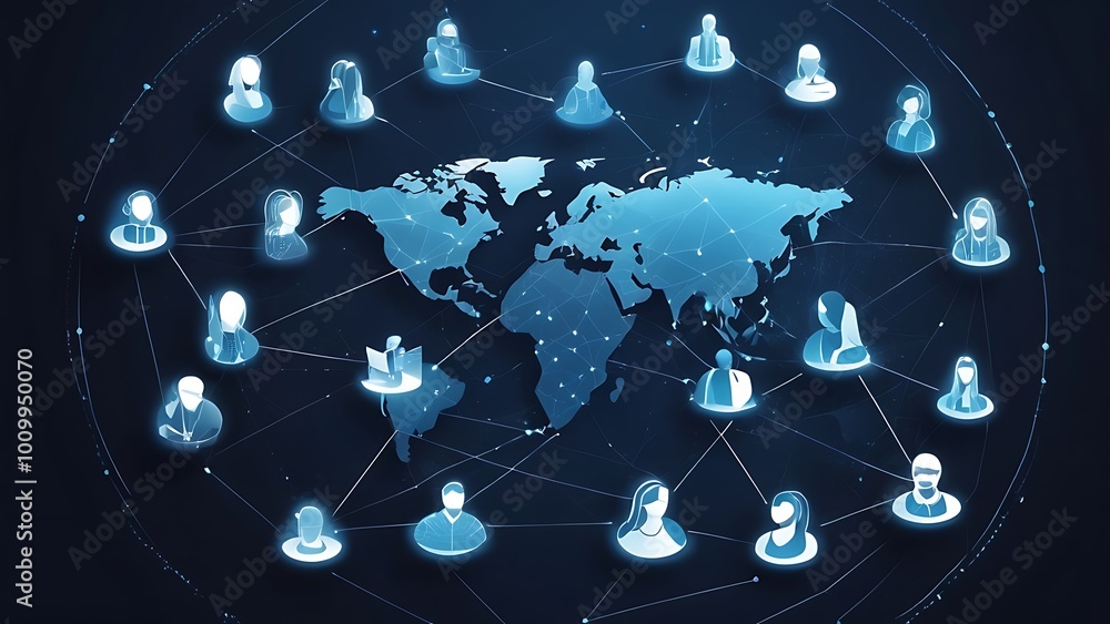 Poster digital illustration of a stylized world map in a dark blue color background with various icons and 