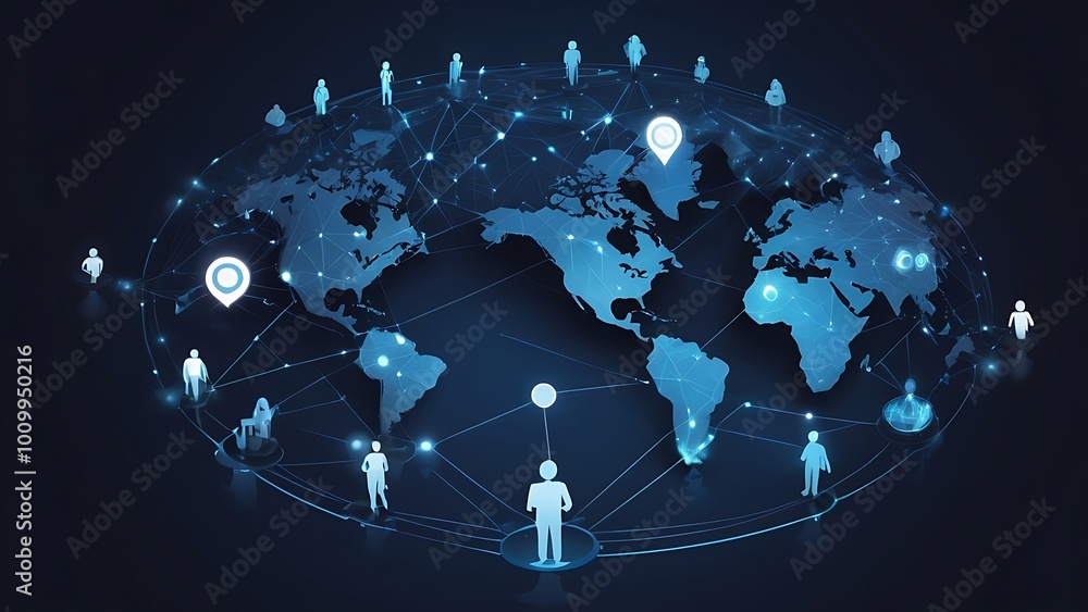 Poster digital illustration of a stylized world map in a dark blue color background with various icons and 