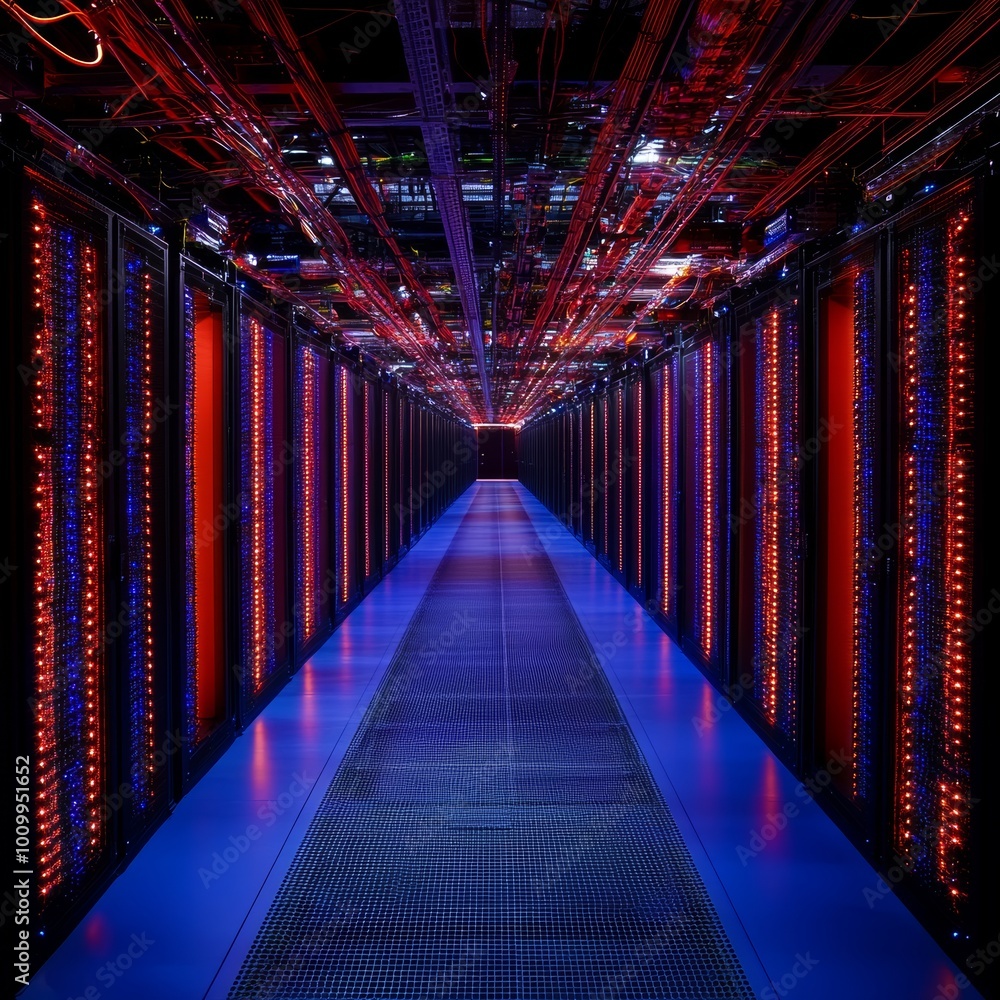 Aufkleber servers with blue and orange data flow big data, cloud computing, and network connectivity