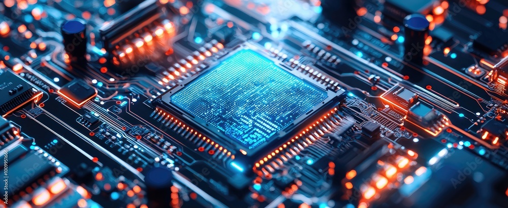 Poster a close-up view of a glowing blue cpu chip on a circuit board